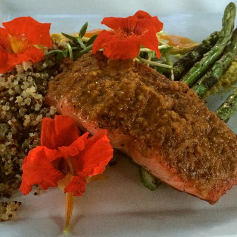 C ST BIstro : Columbia River Salmon entree with grilled asparagus, amethyst potato coins, rainbow quinoa, sunflower sprouts and nasturtium flowers